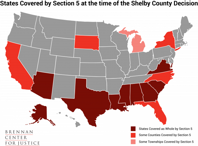 A map of jurisdictions covered by Section 5 preclearance, showing the states and counties that had to obtain federal approval before implementing voting changes.